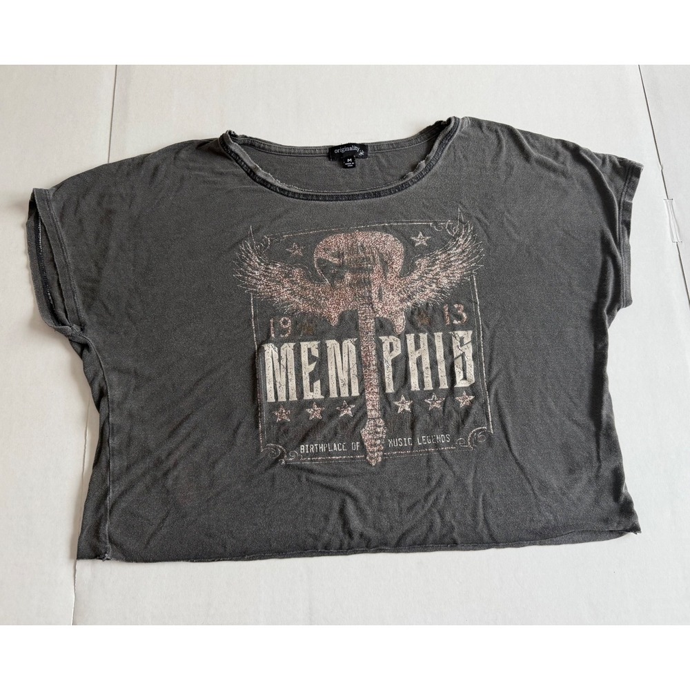 Originality Memphis Graphic Tee Medium Gray Acid Wash Rock Band Style USA Boho